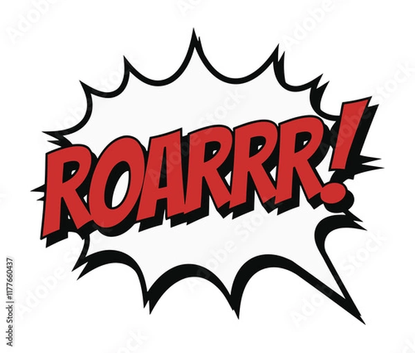 Obraz Bold red ROARRR text explodes from jagged white speech bubble, isolated. Classic comic book style design with dramatic lettering and dynamic burst shape. Energetic pop art impact.

