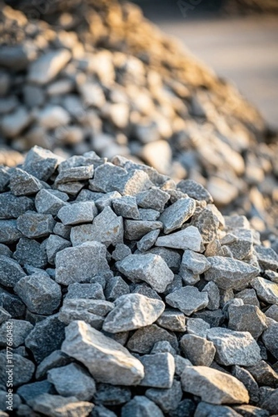 Fototapeta Gravel piles stacked in a construction site during sunset, highlighting the texture and color of the stones