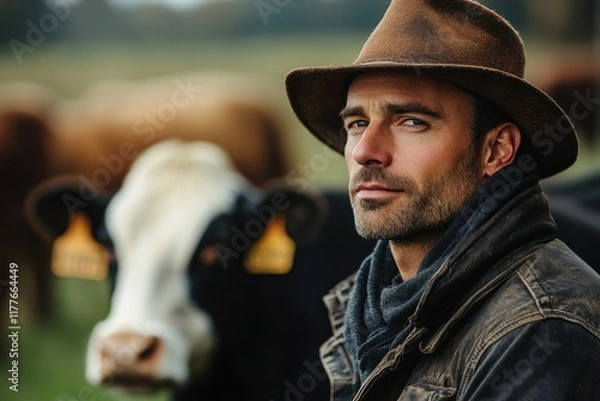 Fototapeta Cowboy stands confidently among cattle in a rural landscape during the golden hour of late afternoon, showcasing traditional farming life in serene surroundings