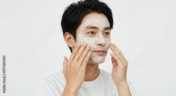 Obraz 男性が顔にスクラブを塗る姿、スキンケア、美容、肌のお手入れ