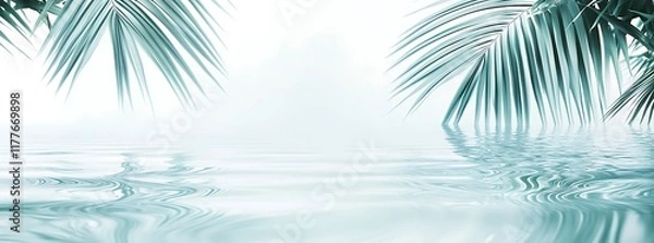 Fototapeta A summer backgroung with water ripples and palm leaves
