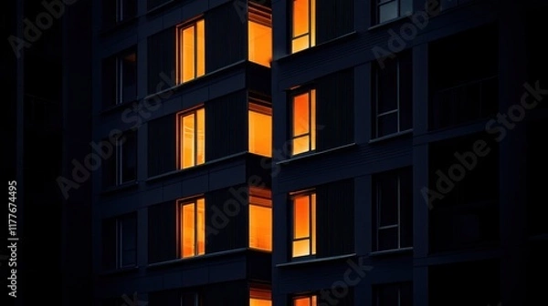 Fototapeta Illuminated Apartment Building at Night: Glowing Windows in the Dark Cityscape