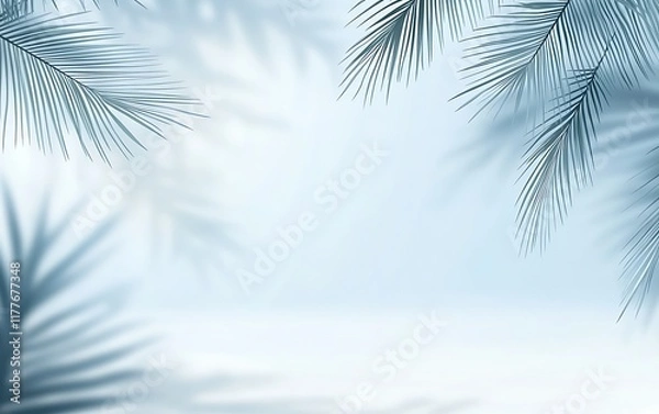 Fototapeta Abstract light blue summer  background with palm shadows on the wall