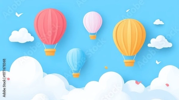 Fototapeta Colorful hot air balloons soaring in a bright blue sky filled with fluffy clouds and scattered birds symbolizing freedom and adventure.
