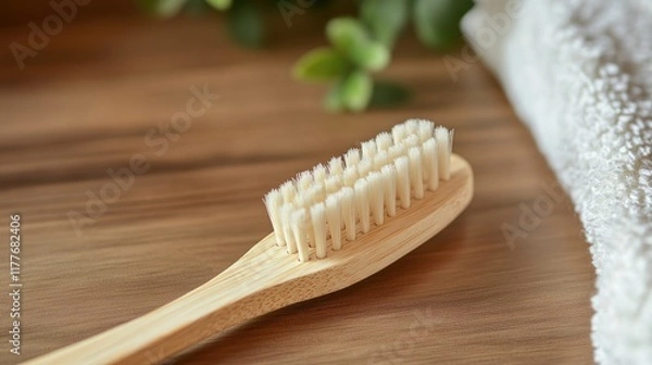 Fototapeta Bamboo toothbrush made from natural materials on a wooden surface with greenery and a towel in the background