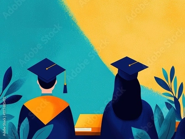 Fototapeta A colorful illustration of two graduates in caps and gowns, seated together, symbolizing achievement and celebration in education.