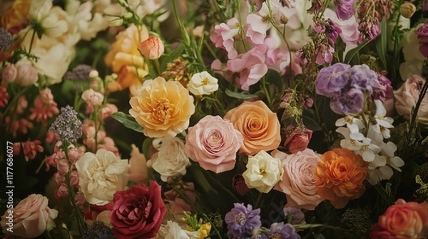 Obraz Vibrant and Colorful Floral Arrangement Showcasing a Variety of Beautifully Blooming Flowers in Soft Natural Light