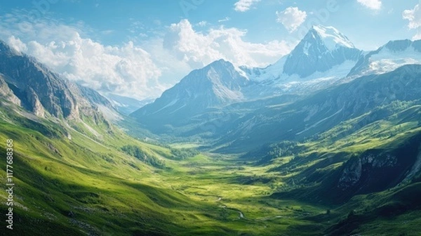 Fototapeta Breathtaking mountain valley landscape with lush greenery and dramatic peaks ideal for text placement and promotional materials