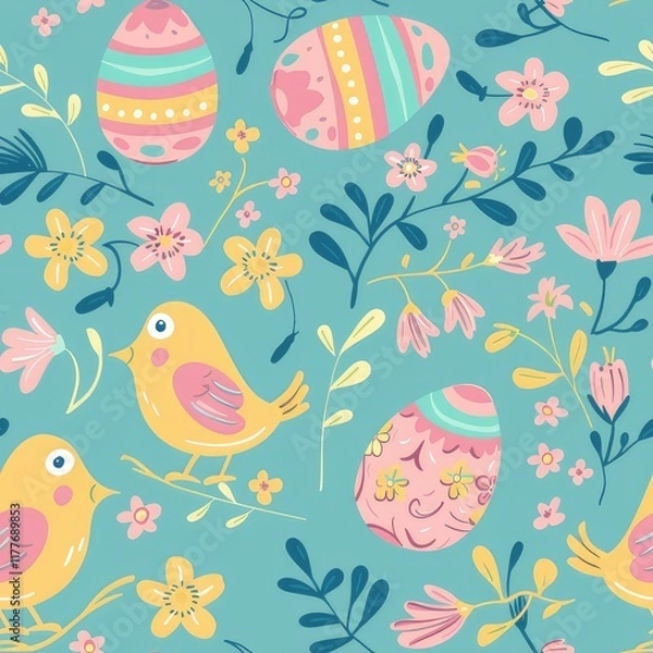 Fototapeta Seamless pattern of birds, flowers, and easter eggs on blue