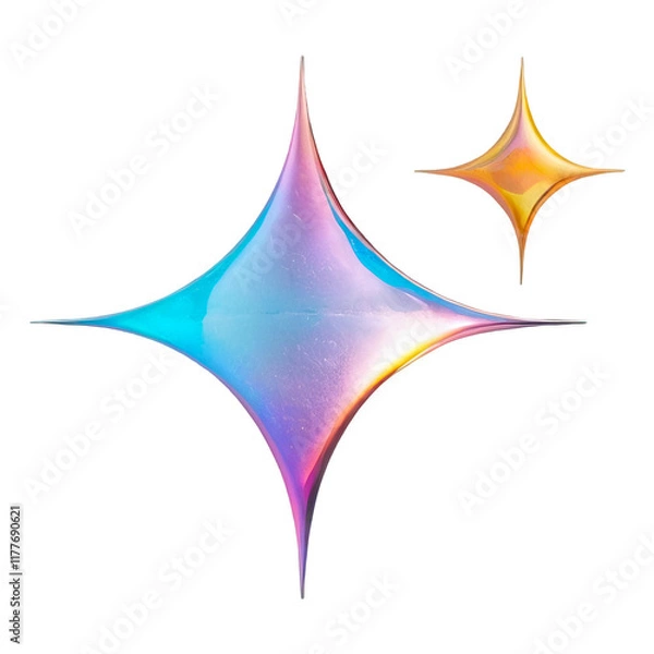 Fototapeta 3D chrome element in Y2K style, isolated background, liquid holographic metal. Colorful stars with a blue center and yellow tip.