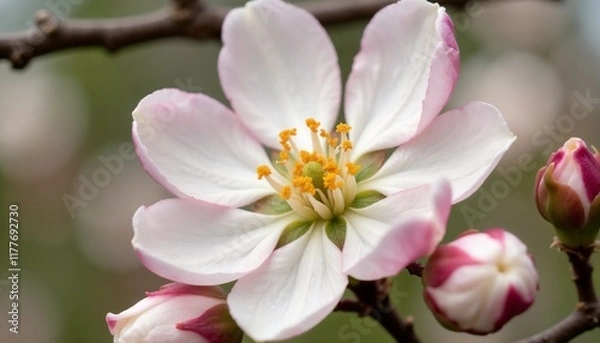 Fototapeta Close-up of a stunning white and pink flower in a blooming garden