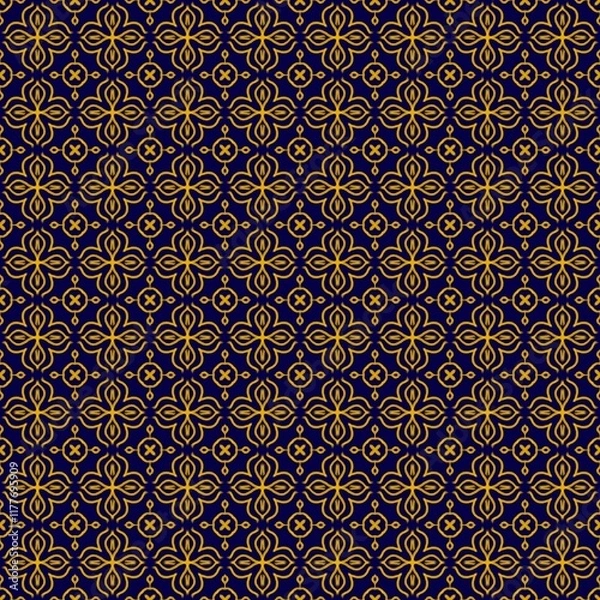 Fototapeta Seamless pattern featuring delicate gold floral motifs and symmetrical designs on a rich navy background, creating an elegant and luxurious look.