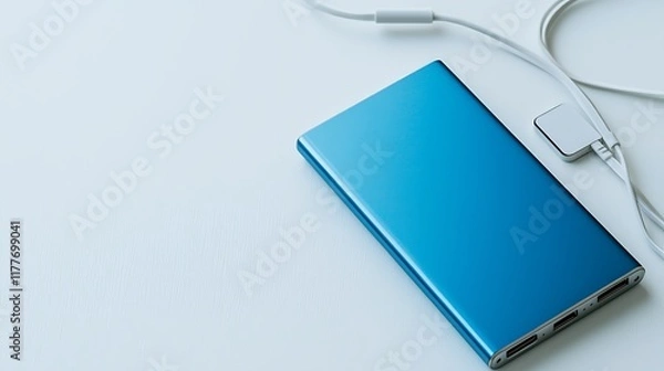 Fototapeta A blue cell phone is sitting on a table next to a white cord