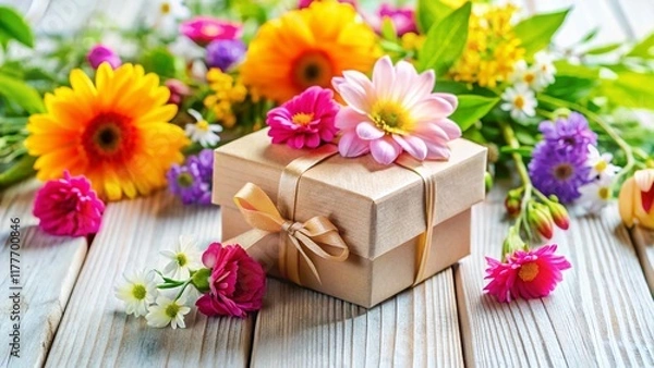 Obraz Rustic Craft Gift Box & Flowers: Nature Light Photography