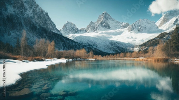 Fototapeta Serene Winter Wonderland with Pristine Waters and Snowy Mountains