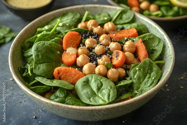 Fototapeta Delicious and Nutritious Chickpea, Spinach, and Carrot Salad