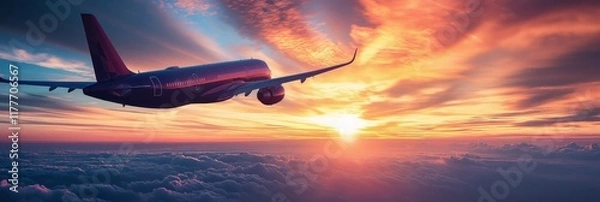 Fototapeta An airplane flying against a stunning sunset sky, symbolizing adventure and the joy of exploration.