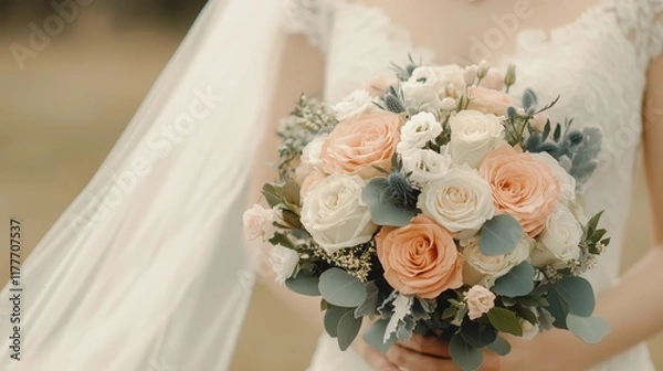 Obraz A bride holding a beautiful bouquet of pink and white roses, accented with greenery, with soft lighting and a flowing veil in the background.