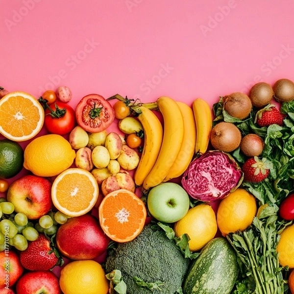 Fototapeta A Fresh fruits and vegetables arranged on pink background, showcasing vibrant colors and variety