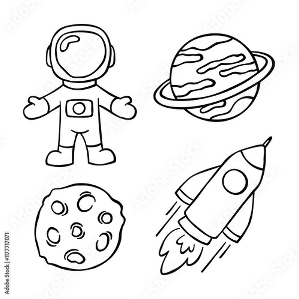 Fototapeta Hand drawn doodle space vector illustration. Set of cosmos vector elements. Planets, rocket, astronaut. Black line universe icon.