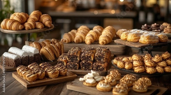 Fototapeta Assorted Delicious Pastries and Croissants Displayed Beautifully