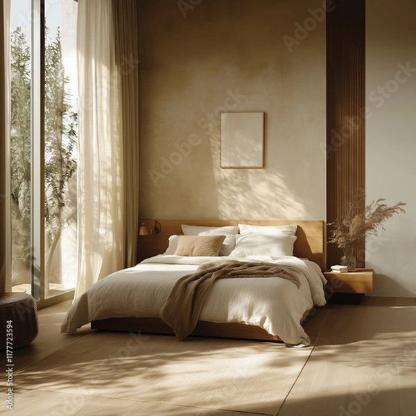 Fototapeta Home interior, modern bedroom, Minimalist bedroom with armchairs, a low-profile bed, and a headboard made from reclaimed wood. with pops of beige in the cushions and throw blankets.