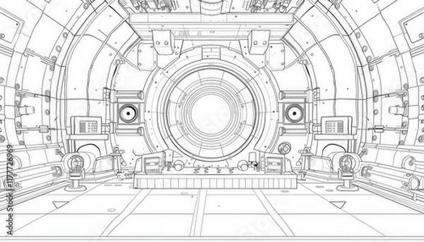 Fototapeta Intricate line art of a futuristic tunnel or spaceship interior. Ideal for sci-fi settings, blueprints, or technical illustrations.