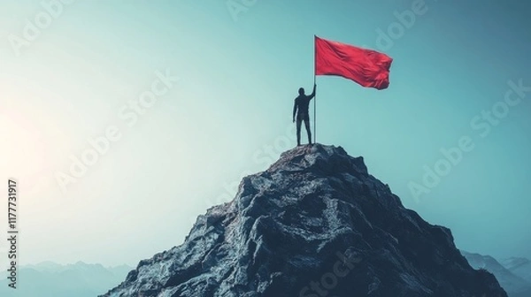Fototapeta A lone figure plants a red flag atop a mountain peak