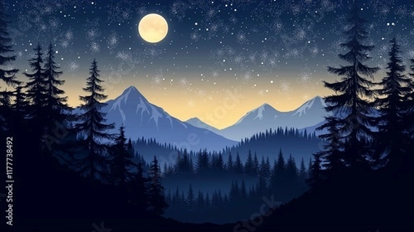 Fototapeta Scenic forest landscape with a full moon and starry sky above a silhouette of trees, evoking tranquility, serenity, and a peaceful night in nature.