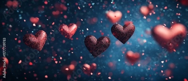 Fototapeta A Glittering red hearts float in dreamy blue background, creating romantic atmosphere