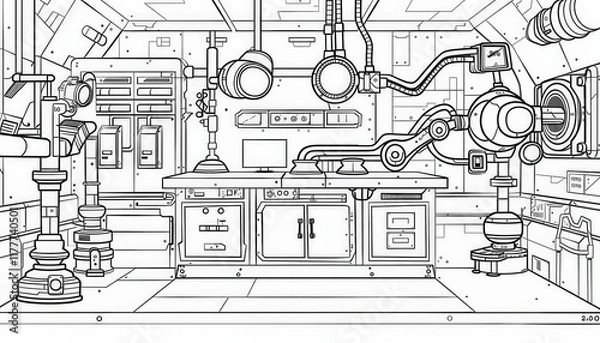 Fototapeta A futuristic laboratory or spaceship interior rendered in a simple line art style. Ideal for coloring pages, activity books, or educational resources on space or science.