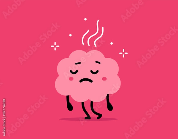 Fototapeta Vector cartoon illustration of cute stress overwork unhappy brain character on pink color background. Flat doodle style design of tired and burnout brain need rest