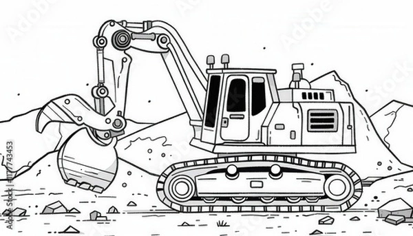 Fototapeta A powerful excavator digs into the earth ready for construction or mining projects. Perfect for coloring pages activity books or educational materials.