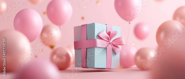 Fototapeta A beautifully wrapped gift box surrounded by pink balloons, creating festive atmosphere. Perfect for celebrations