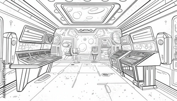 Fototapeta A spaceship interior line art drawing with control panels chairs and futuristic details. Perfect for coloring books concept art or game design.