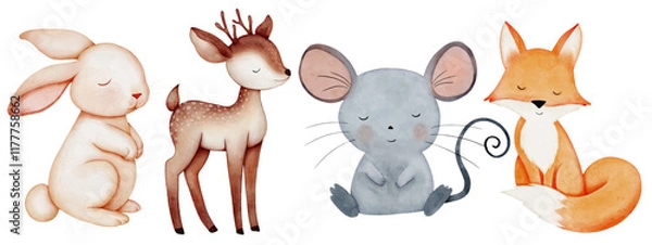 Fototapeta Wild animals. Set of wild watercolor  animals. Fox, deer, mouse, hare, rabbit.