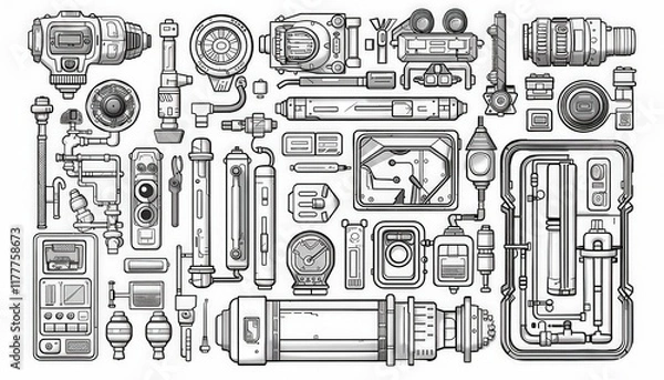 Obraz Intricate line art of various mechanical components. Ideal for sci-fi interfaces, blueprints, or industrial design projects. Customizable and adaptable.