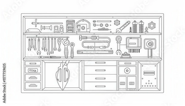 Fototapeta A line art illustration of a well-organized workbench with tools neatly arranged on shelves and drawers. Ideal for coloring pages, DIY project visuals, or workshop-themed designs.