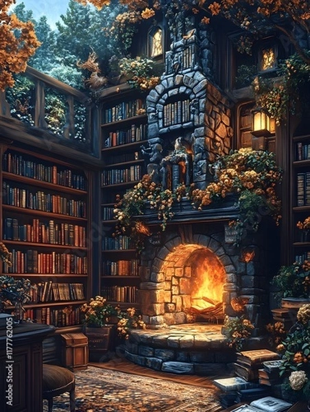 Fototapeta Enchanting Magical Library with Floating Books and Cozy Fireplace Backdrop