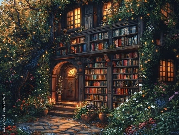 Fototapeta Enchanting Ethereal Library with Floating Books and Mystical Creatures
