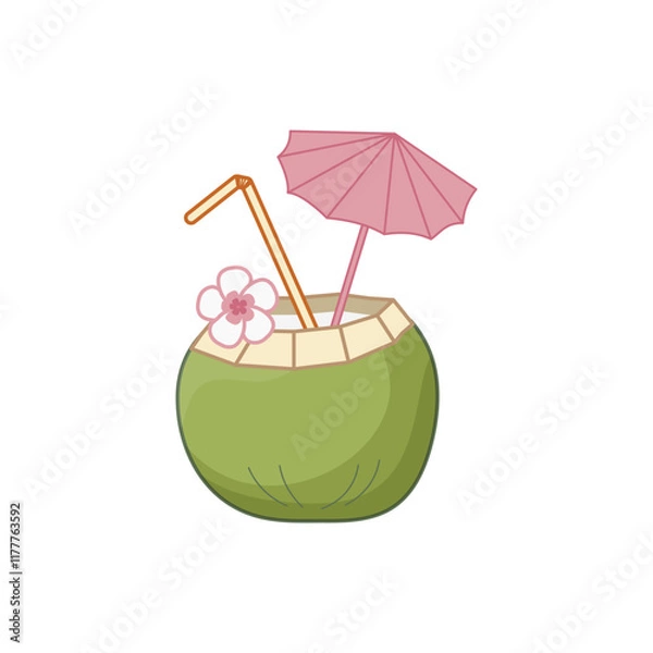 Fototapeta Refreshing tropical drink served in coconut with colorful umbrella and straw for summer enjoyment. Isolated vector illustration.