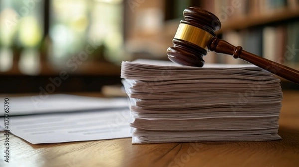 Fototapeta Gavel rests on a stack of legal documents