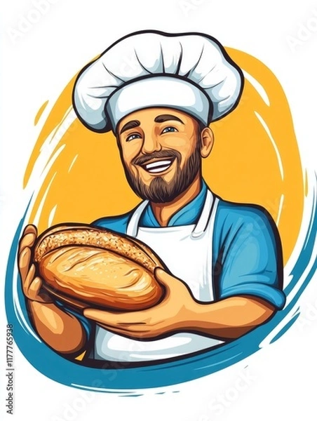 Obraz Cheerful baker in a chefs hat holding a freshly baked loaf of bread, cartoon-style illustration with a bright yellow background, ideal for bakery posters..