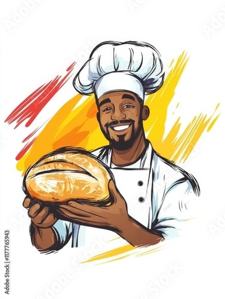 Obraz Happy baker in a chef's uniform holding fresh bread, cartoon-style illustration with dynamic red and yellow background, perfect for bakery advertisements..