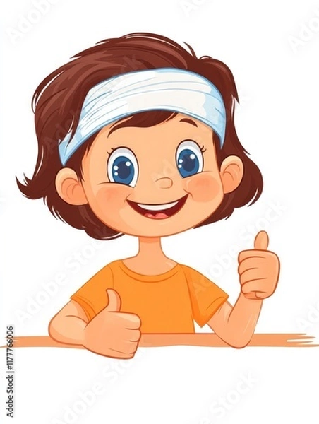 Obraz Illustration of a happy child with a bandage on their head giving a thumbs-up gesture, drawn in a cartoon style, symbolizing recovery and resilience..