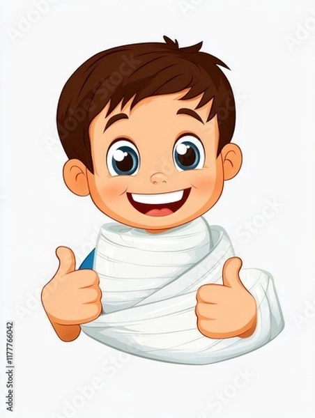 Obraz Cartoon-style boy with a cheerful smile and a thumbs-up gesture, bandaged in a white bandage, symbolizing happiness, warmth, and friendliness..