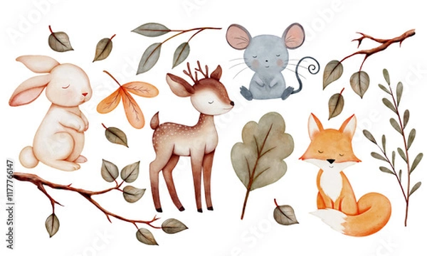 Fototapeta Wild animals. Set of wild watercolor  animals. Forest branches and leaves. Fox, deer, mouse, hare, rabbit.