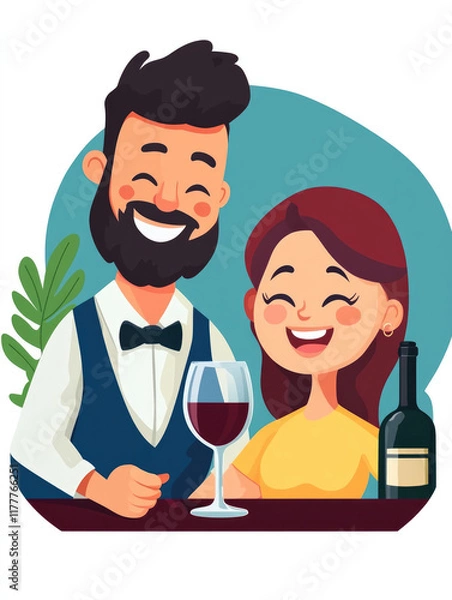 Obraz Cartoon couple enjoying wine together, both smiling and holding wine glasses, set against a vibrant background with green leaves, representing joy and togetherness..