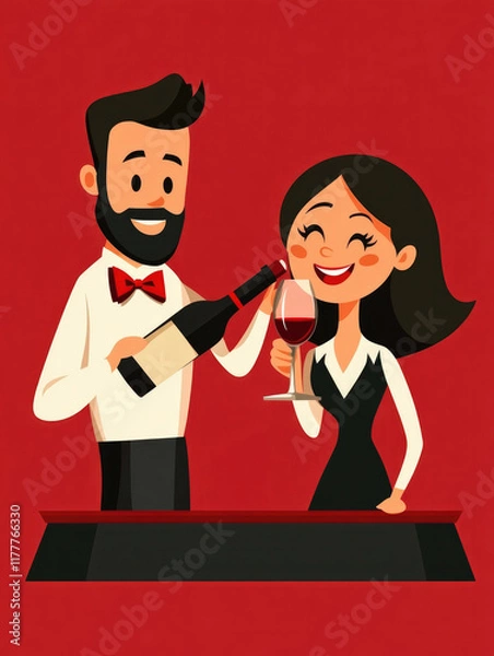 Obraz Cartoon-style couple in formal attire pouring and enjoying wine together against a bold red background, symbolizing celebration, romance, and fine dining..