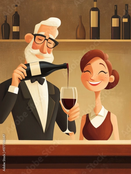 Obraz Cartoon-style elderly gentleman pouring wine into a glass for a smiling woman at an elegant wine bar, warm and refined atmosphere, perfect for dining posters..